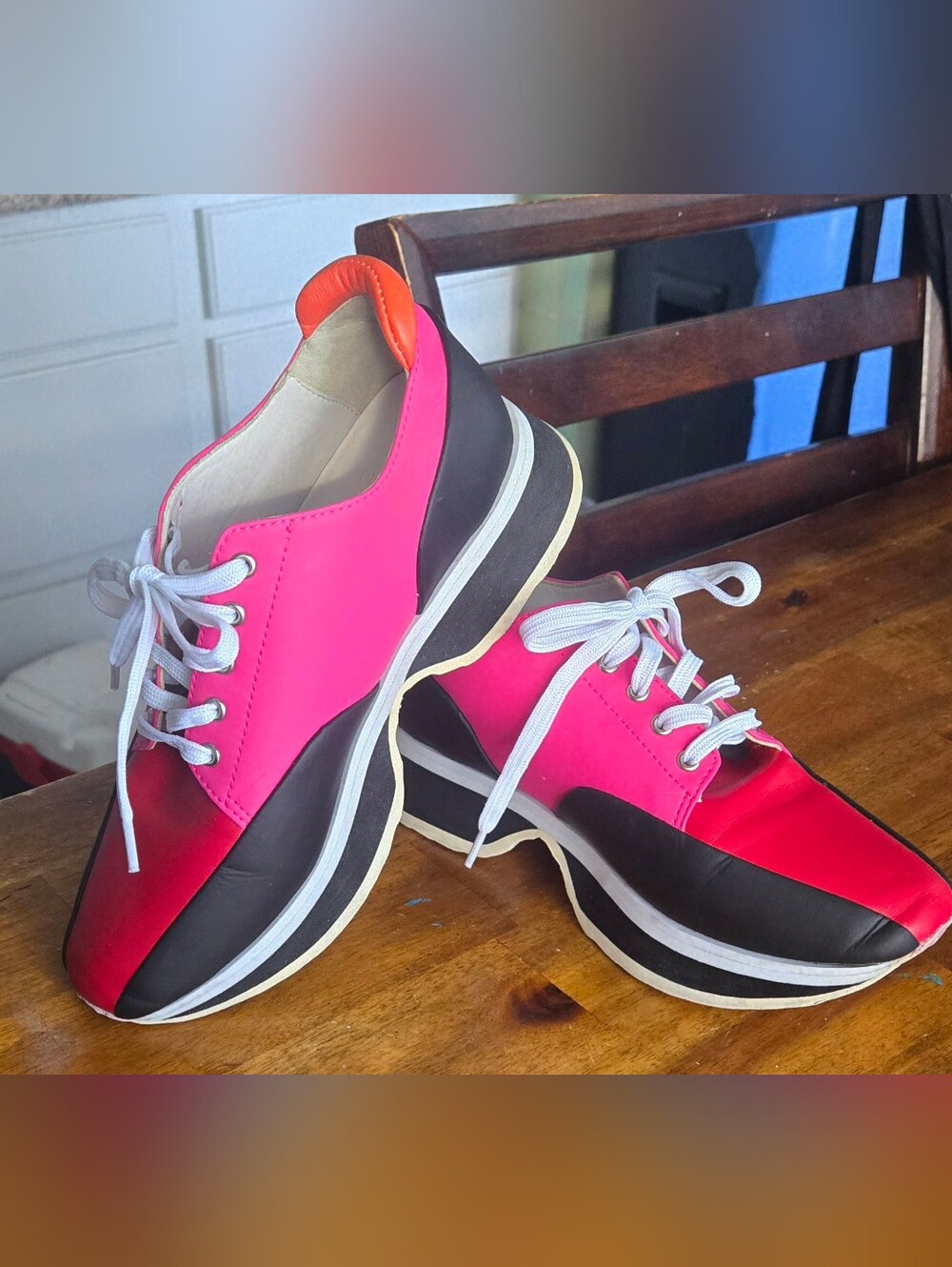 Women's Hot Pink and Black Platform Lace-Up Sneakers